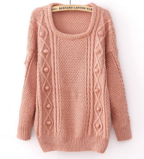 Pink Round Neck Long Sleeve Pom Embellished Pullovers Sweater