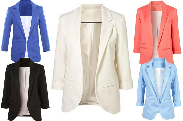 Women's Fashion Candy Color Slim Buttonless Three Quarter Sleeve Jacket Suit Blazer