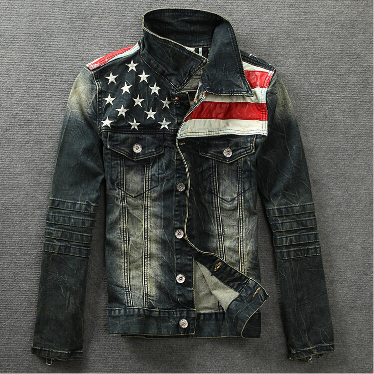 Mens Fashion American Flag Pattern Denim Coat Jeans Jacket Outwear
