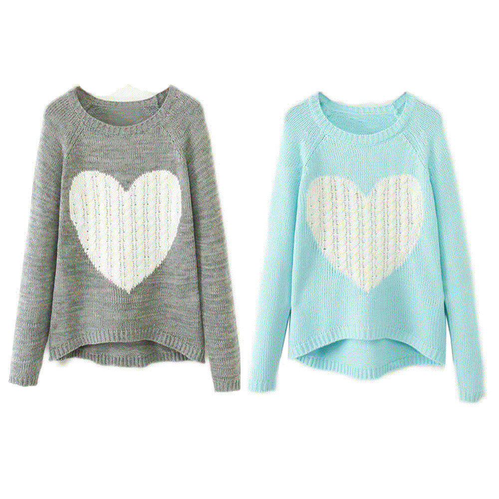 Women Heart Printed Jumper Knitwear Cardigan Coat Pullover Outwear Sweater Tops