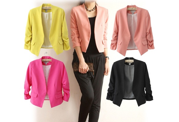 Women Fashion Candy Color Slim Buttonless Three Quarter Sleeve Suit Blazer
