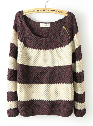Coffee Shoulder Zip Classic Color Matching Striped Long Sleeve Sweater M