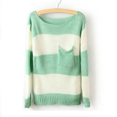 Green White Striped Pullover Long Sleeve Sweater