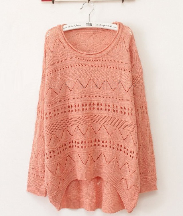 Pink Green Curved Hum Knit Holey Texture Long Sweater