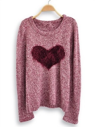 Wine Red Long Sleeve Love Heart Sweater on Luulla