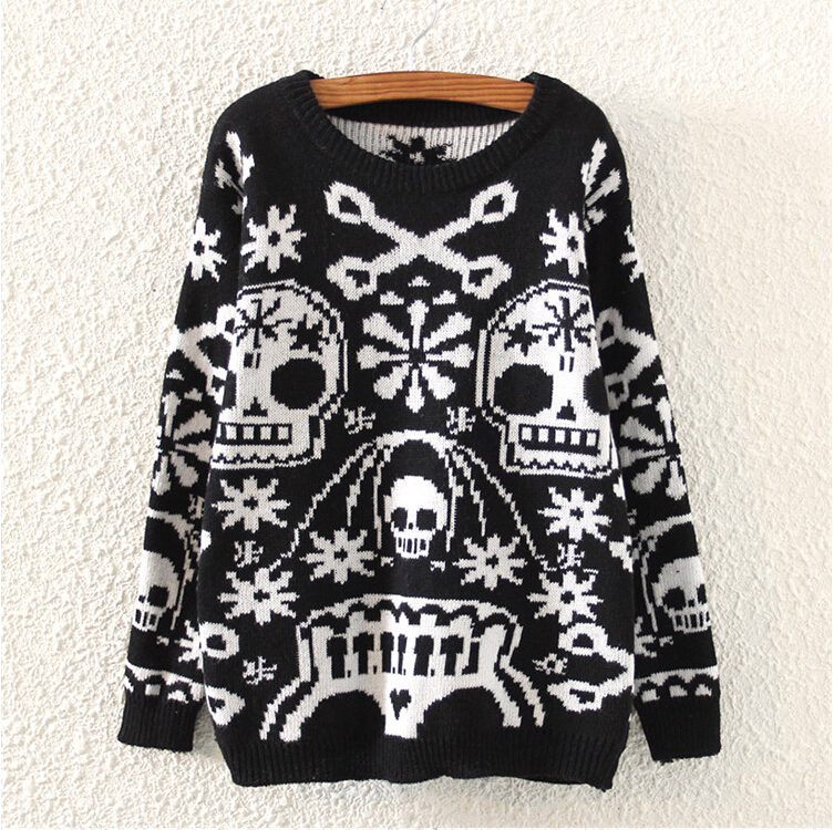 Women's Fashion Street Skull Personality Round Neck Pullover Sweater