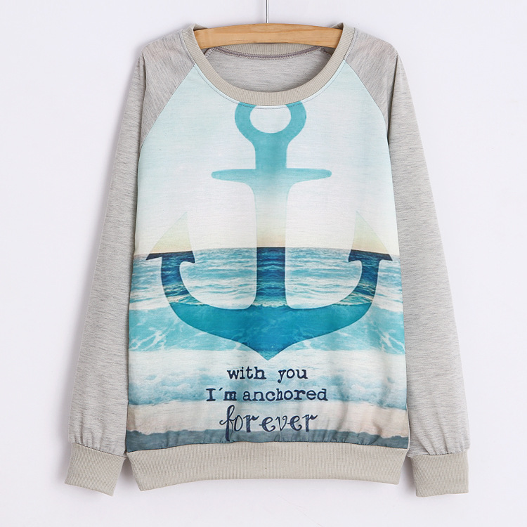 Fashion Personalized Navy Printed Long-sleeved Pullover Sweatshirt