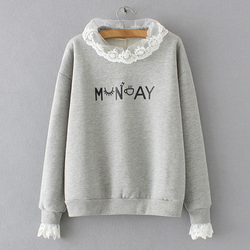 Women's Fashion Lace Stitching Thick Cartoon Cotton Long-sleeved Pullover Sweatshirt