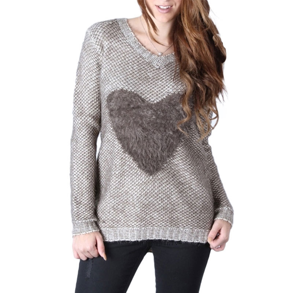 V-neck Knitted Sweater / Pullover Featuring Faux Fur Heart Shape