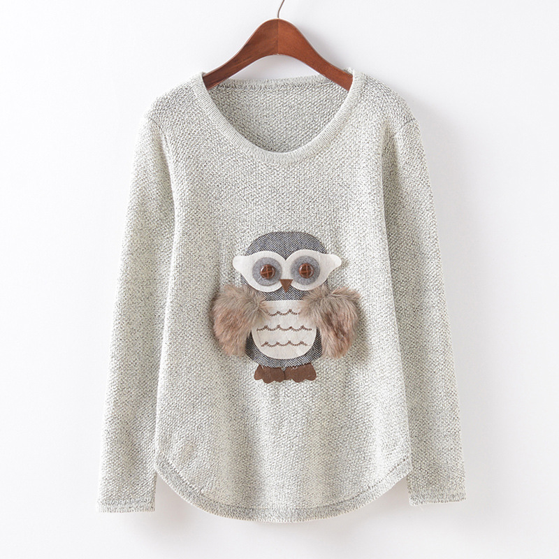Owl Stickers Round Neck Long Sleeve Loose Knit Pullover Sweater