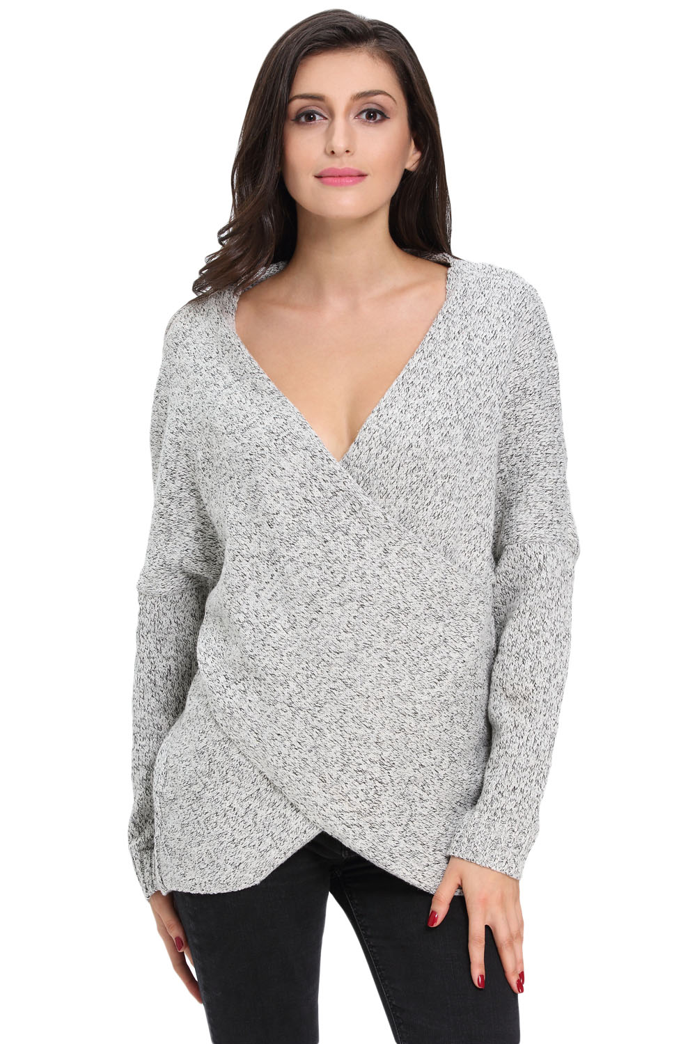 Women's Fashion Long Sleeve Chunky Cross Wrap V Neck Tunic Pullover Sweater