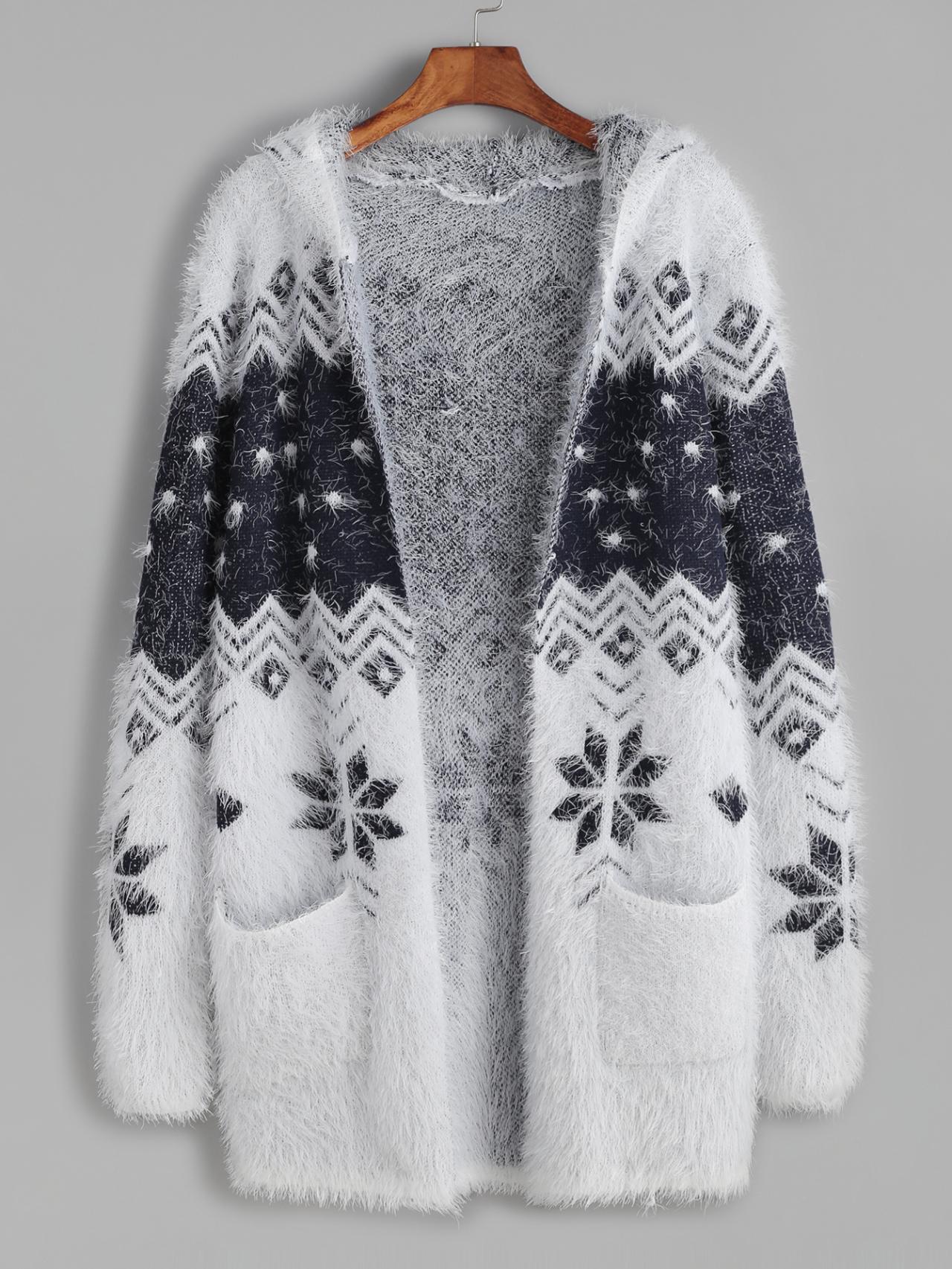Color Block Snowflake Pattern Fuzzy Hooded Sweater Coat Cardigan