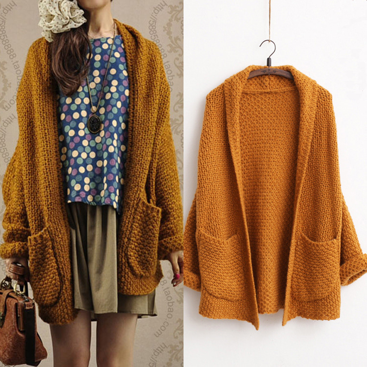 Women's Casual Loose Batwing Sleeves Bold Cable Knit Cardigan Sweater