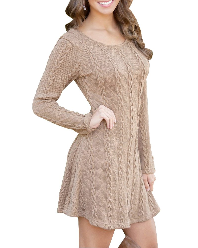 Cable Knit Scoop Neck Long Sleeves Short Skater Sweater Dress
