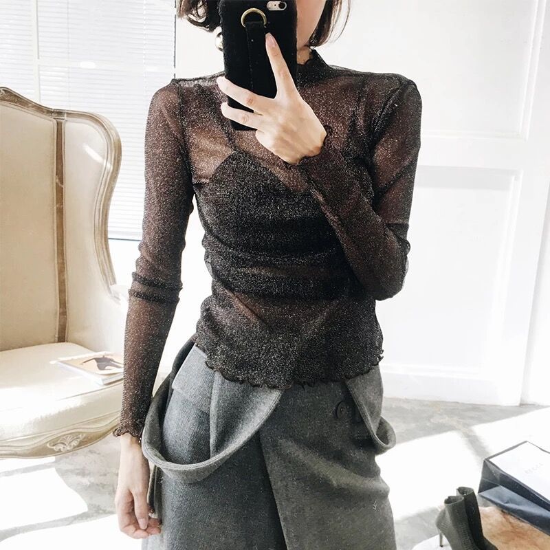 Women's Sexy High Elastic Yarn All-match Perspective Long Sleeved T-shirt