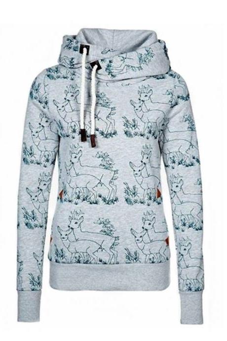 Women&amp;#039;s Fashion Personality Deer Printed Thick Fleece Hooded Sweatshirt